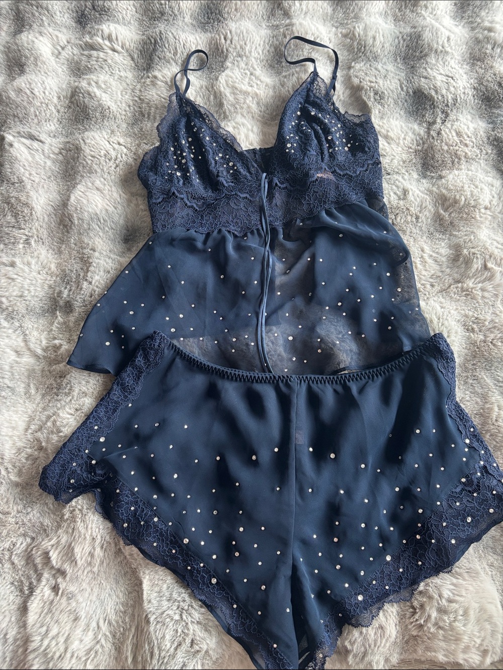 Victoria's Secret Navy Lace Cami & Shorts Set with Crystal Accents